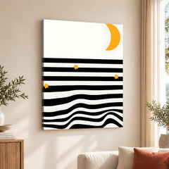 Black & White Waves Design With Gold Moon Over White Background | Abstract Nature Artwork #00212