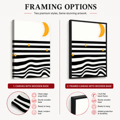 Black & White Waves Design With Gold Moon Over White Background | Abstract Nature Artwork #00212