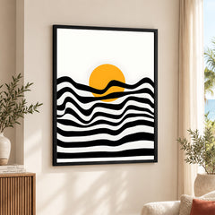 Black & White Waves Design With Gold Moon Over White Background | Abstract Nature Artwork #00213