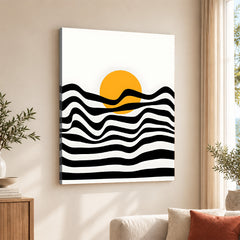 Black & White Waves Design With Gold Moon Over White Background | Abstract Nature Artwork #00213