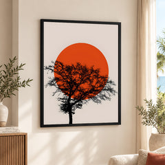 Beautiful Black Tree Over Red Sun With Beige Background | Abstract Floral Artwork #00226