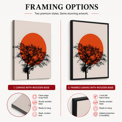 Beautiful Black Tree Over Red Sun With Beige Background | Abstract Floral Artwork #00226