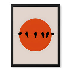 Beautiful Black Birds Over Red Sun With Beige Background | Abstract Nature Artwork #00227