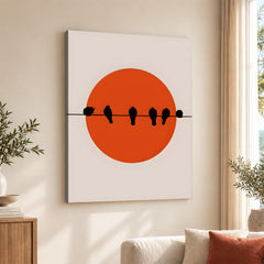 Beautiful Black Birds Over Red Sun With Beige Background | Abstract Nature Artwork #00227