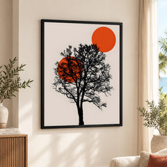 Beautiful Black Tree Over Red Sun With Beige Background | Abstract Nature Artwork #00228