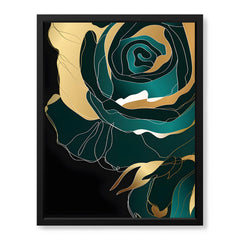 Gold & Green Floral Art Over Black Background | Abstract Floral Artwork #00245