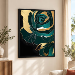 Gold & Green Floral Art Over Black Background | Abstract Floral Artwork #00245