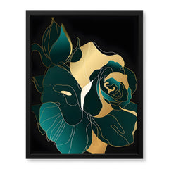 Gold & Green Floral Art Over Black Background | Abstract Floral Artwork #00246