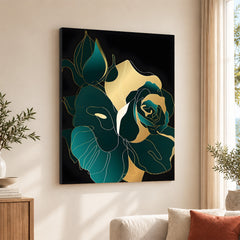Gold & Green Floral Art Over Black Background | Abstract Floral Artwork #00246