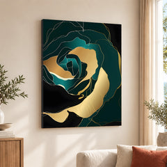 Gold & Green Floral Art Over Black Background | Abstract Floral Artwork #00247