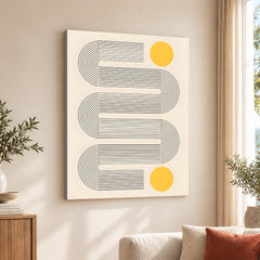 Black Line Art With Golden Moon Over Beige Background | Abstract Office Artwork #00257