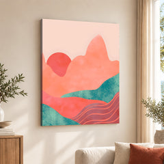 Orange & Green Abstract Mountain Design With Moon | Abstract Nature Artwork #00313