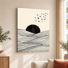 Black & White Sea View With Sun Over Flying Birds | Abstract Nature Artwork #00317