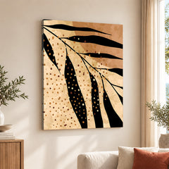 Black Tropical Leaves On Brown & Beige Background | Abstract Floral Artwork #0038