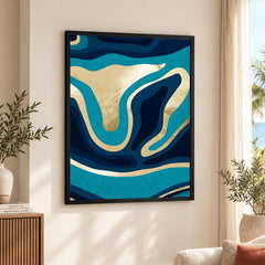 Blue & Gold Abstract Art Over Green Background | Abstract Office Artwork #00388