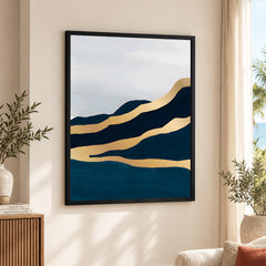 Blue & Gold Abstract Art Over Grey Background | Abstract Office Artwork #00390