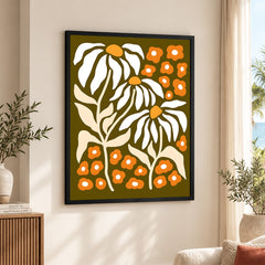 White & Gold Floral Abstract Art Over Green Background | Abstract Floral Artwork #00408