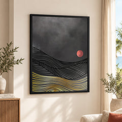 Black & Gold Line Waves With Orange Moon | Abstract Office Artwork #0041