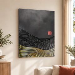 Black & Gold Line Waves With Orange Moon | Abstract Office Artwork #0041
