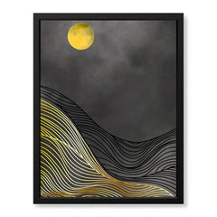 Black & Gold Line Waves With Golden Moon | Abstract Office Artwork #0042