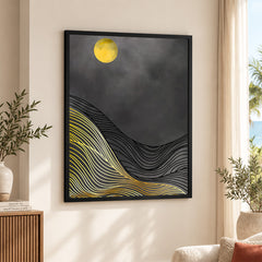Black & Gold Line Waves With Golden Moon | Abstract Office Artwork #0042