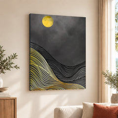 Black & Gold Line Waves With Golden Moon | Abstract Office Artwork #0042