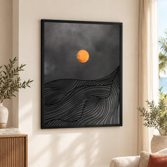 Black & Gold Line Waves With Orange Moon | Abstract Office Artwork #0043
