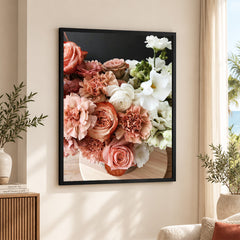 Beautiful Pink & White Flowers In A Bouquet Over Black Background | Abstract Floral Artwork #00455