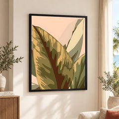 Pale Copper & Green Exotic Leaves On Beige Background | Abstract Floral Artwork #0046