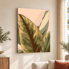 Pale Copper & Green Exotic Leaves On Beige Background | Abstract Floral Artwork #0046