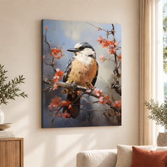 Beautiful Bird On Tree Branch With Pink Flowers | Abstract Floral Artwork #00522