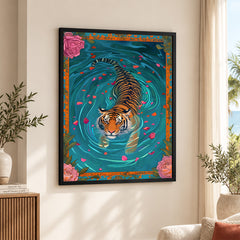 Brave Bengal Tiger Swimming In The Lake | Abstract Animal Artwork #00527