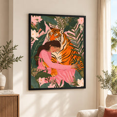Aesthetic Tiger With A Girl In Forest Portrait | Abstract Fashion Artwork #00531