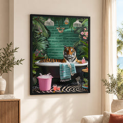 Aesthetic Tiger In A Bath Tub With Green Background | Abstract Fashion Artwork #00532