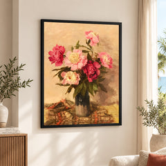 Beautiful Pink & Red Flowers With Black Vase | Abstract Floral Artwork #00553