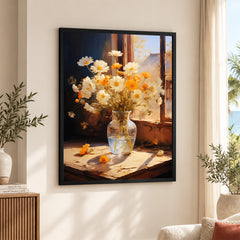 Beautiful Orange & White Flowers With Vase | Abstract Floral Artwork #00561