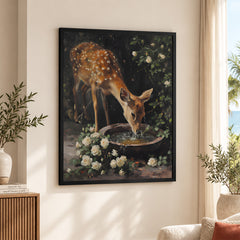 Beautiful Deer Drinking Water With White Flowers | Abstract Animal Artwork #00562