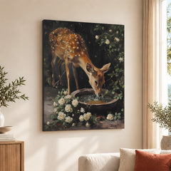 Beautiful Deer Drinking Water With White Flowers | Abstract Animal Artwork #00562