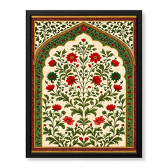 Mughal Era Red & Green Floral Artwork | Abstract Historical Artwork #00590