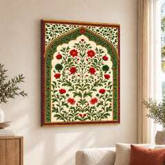 Mughal Era Red & Green Floral Artwork | Abstract Historical Artwork #00590