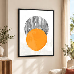 Black Lines Over Orange & White Background Moon Shape Design | Abstract Office Artwork #0064