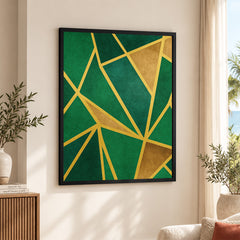 Green & Beige Geometric Shapes Artwork With Golden Lines | Abstract Fashion Artwork #00675