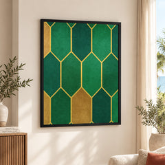 Green & Beige Geometric Artwork With Golden Lines | Abstract Fashion Artwork #00676
