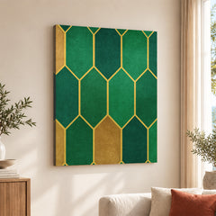 Green & Beige Geometric Artwork With Golden Lines | Abstract Fashion Artwork #00676