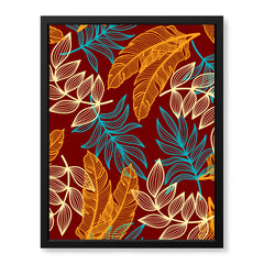 Orange & Blue Exotic Leaves Over Maroon Background | Abstract Floral Artwork #00685