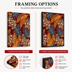 Orange & Blue Exotic Leaves Over Maroon Background | Abstract Floral Artwork #00685