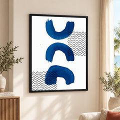 Black Lines Over Blue Paint Strokes With White Background | Abstract Office Artwork #0069
