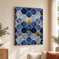Gray & Blue Geometric Artwork With Golden Lines | Abstract Signature Artwork #00695