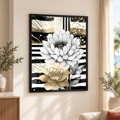 Gold & Grey Folwers With Colorful Background | Abstract Floral Artwork #0072
