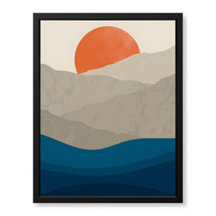 Grey & Blue Mountains With Sea Over Orange Sun | Abstract Office Artwork #0080
